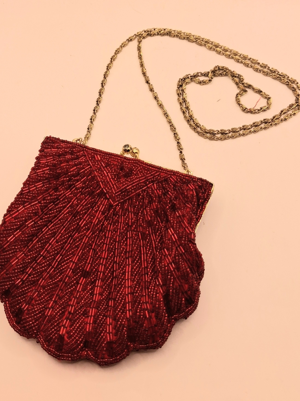 Vintage Red Beaded Shell Evening Bag with Gold Chain